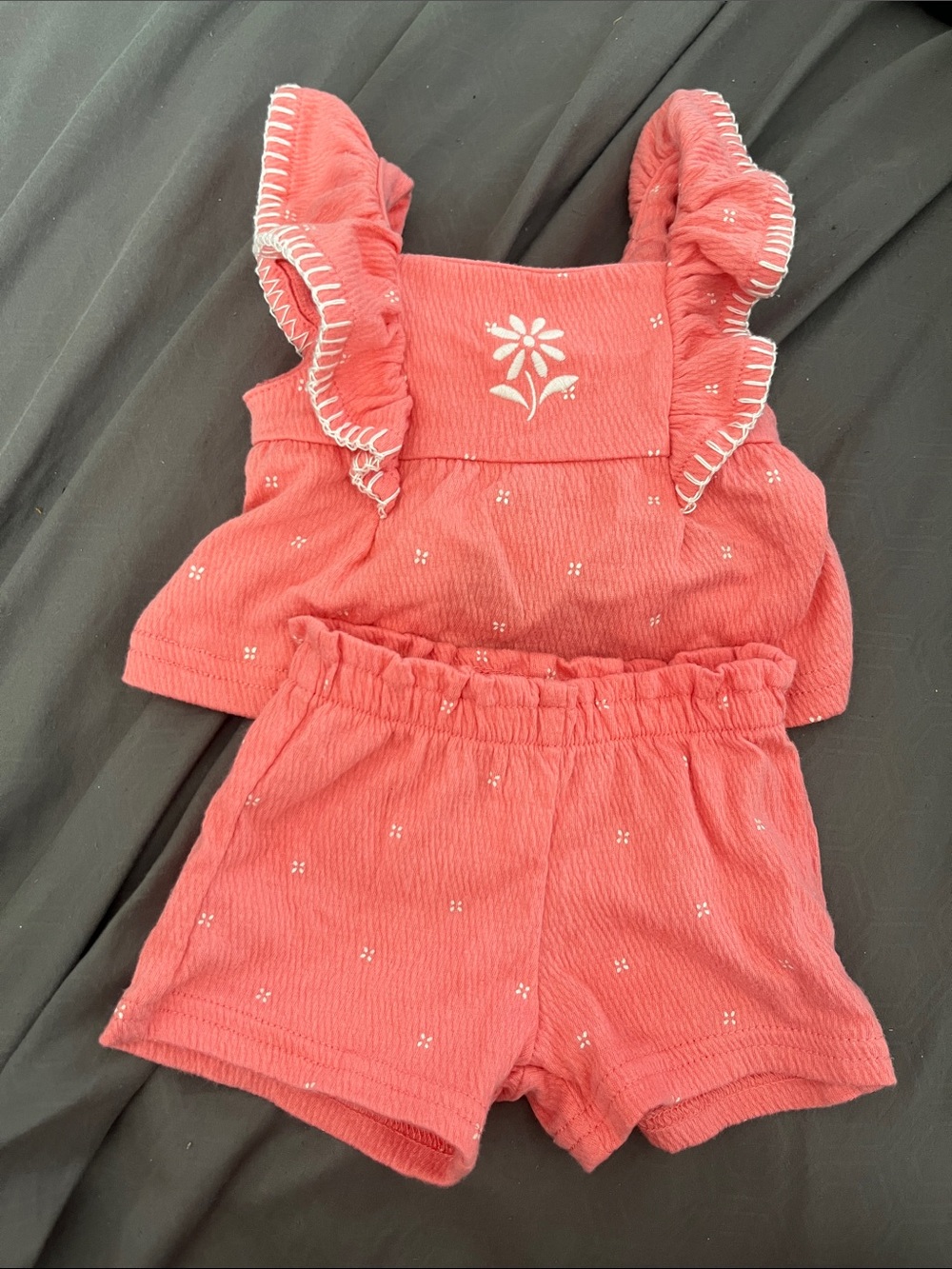 Carter's Coral Ruffle Tank & Shorts Set with White Floral Detail